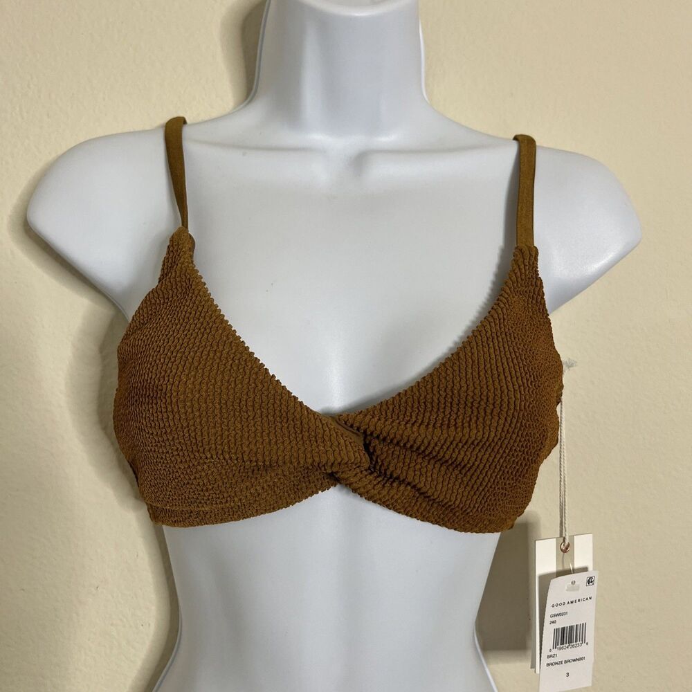 Good American Women's Crinkle Always Fit Twist Bikini Top Bronze Brown SZ 3 L